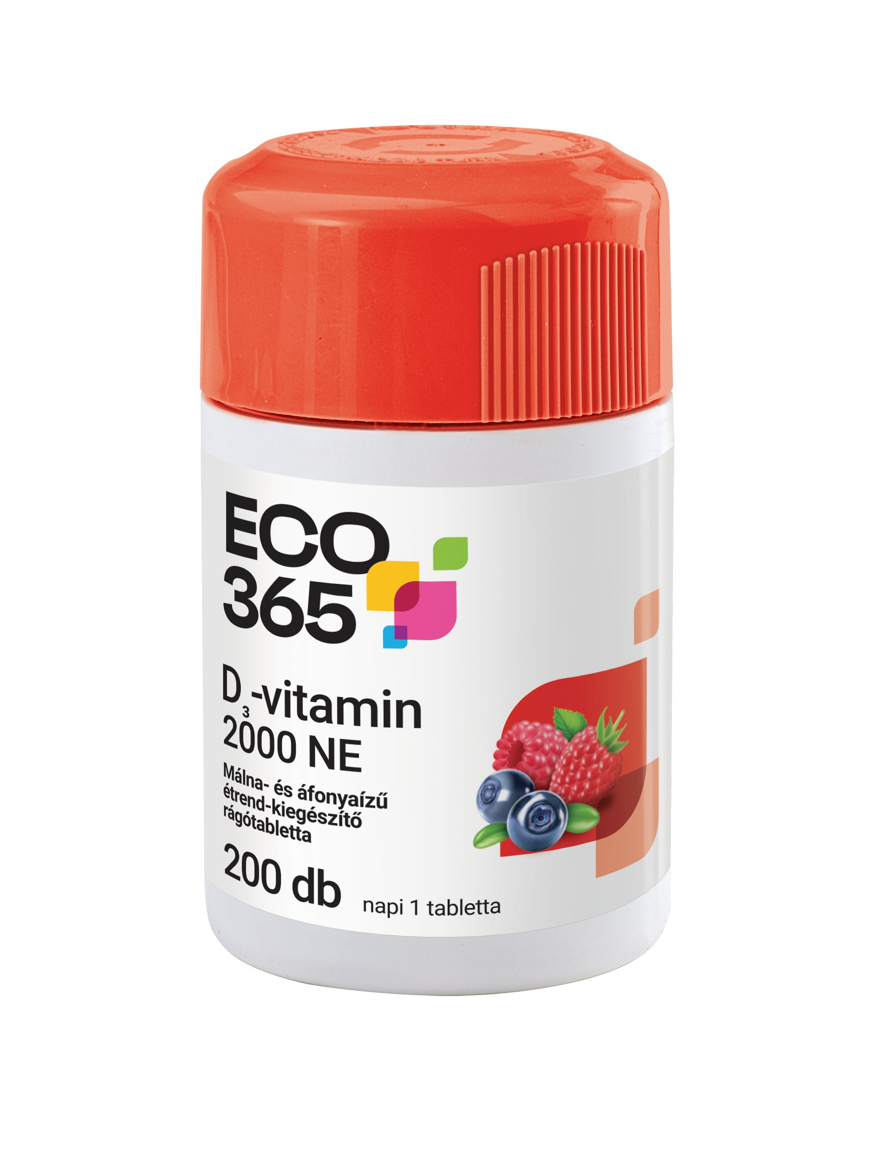 ECO365 D3 vitamin 2000NE rágótabletta málna áfonya 200x